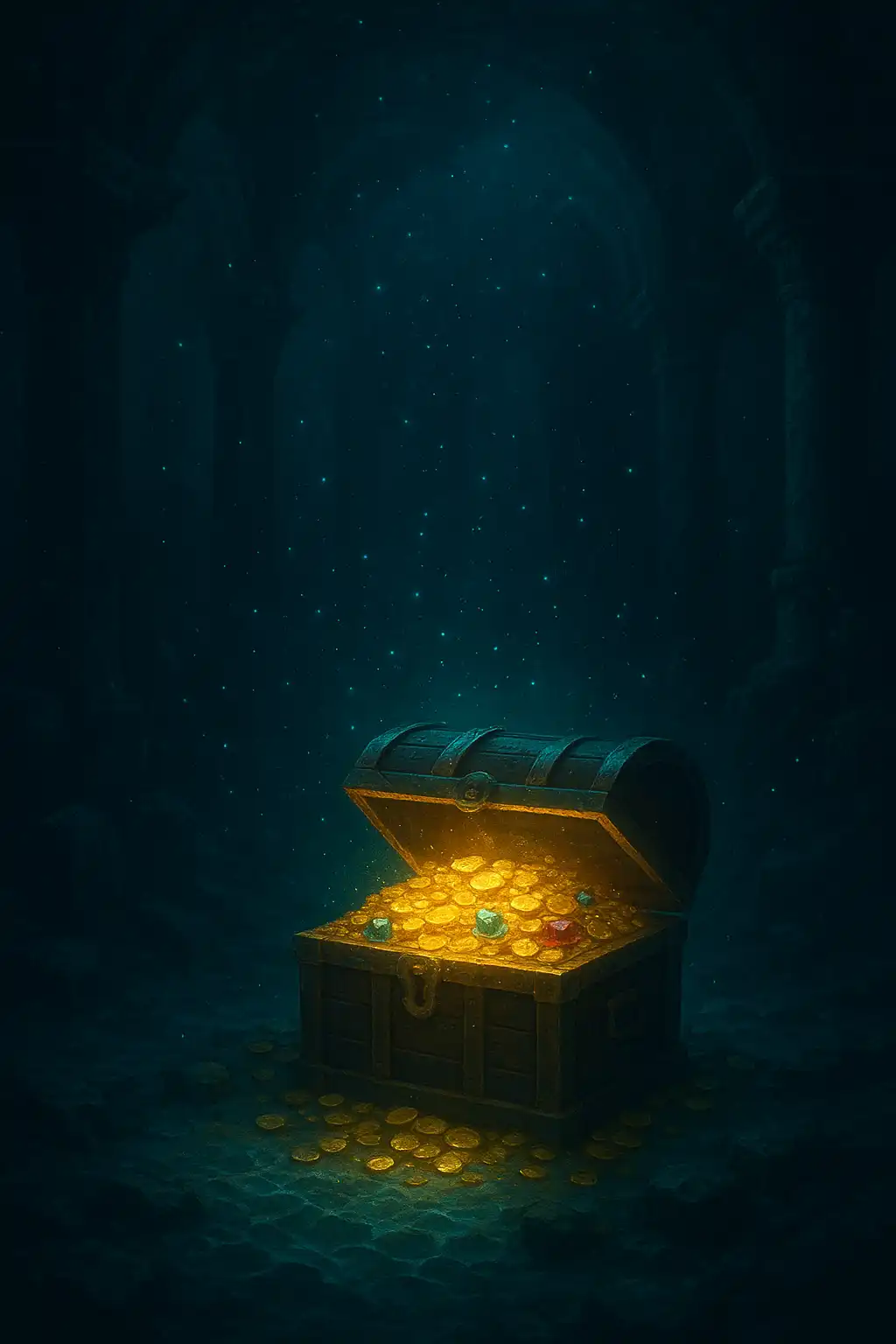 Glowing treasure chest overflowing with gold coins in a sunken temple