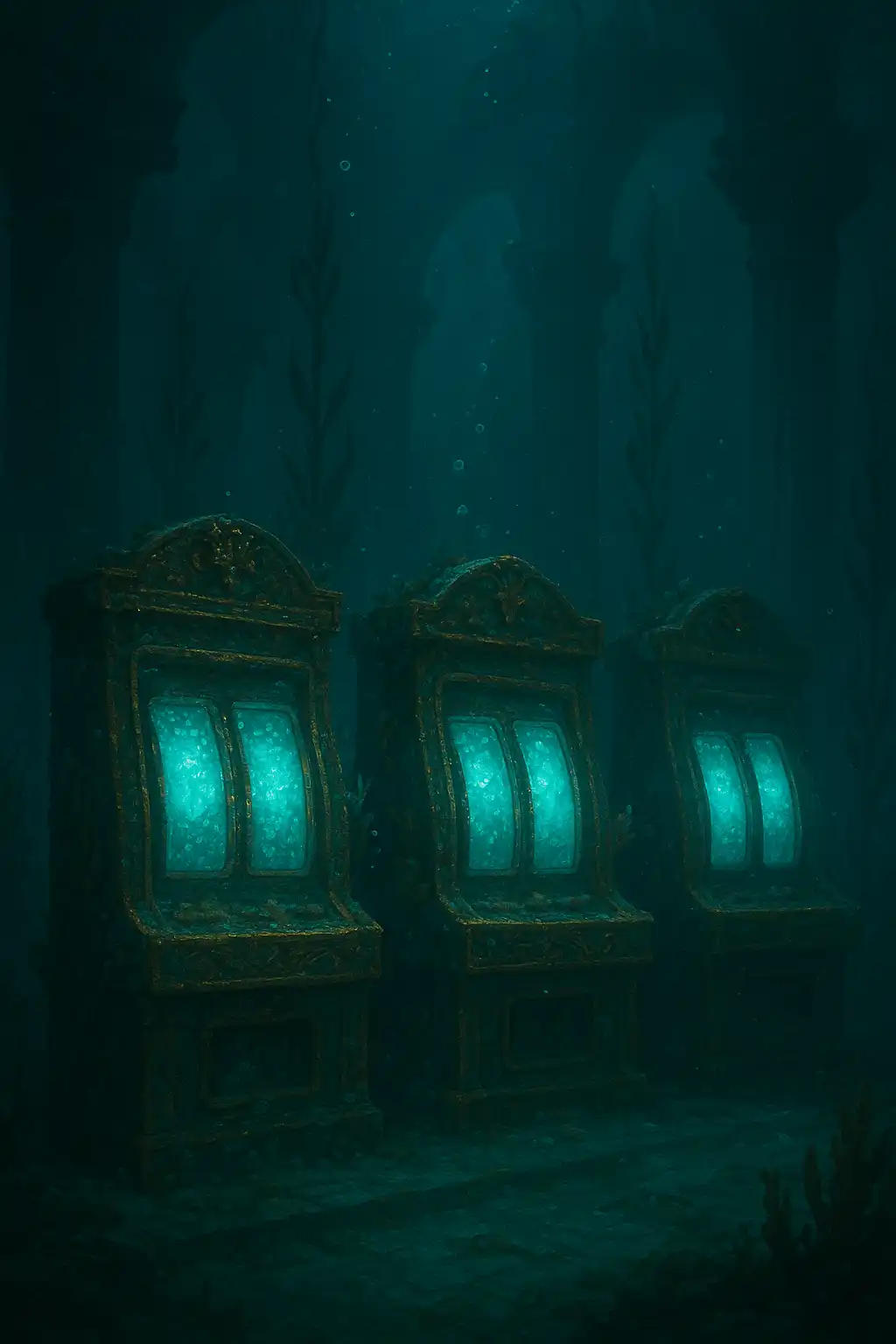 Glowing ancient slot reels encrusted with coral and gold in a sunken temple